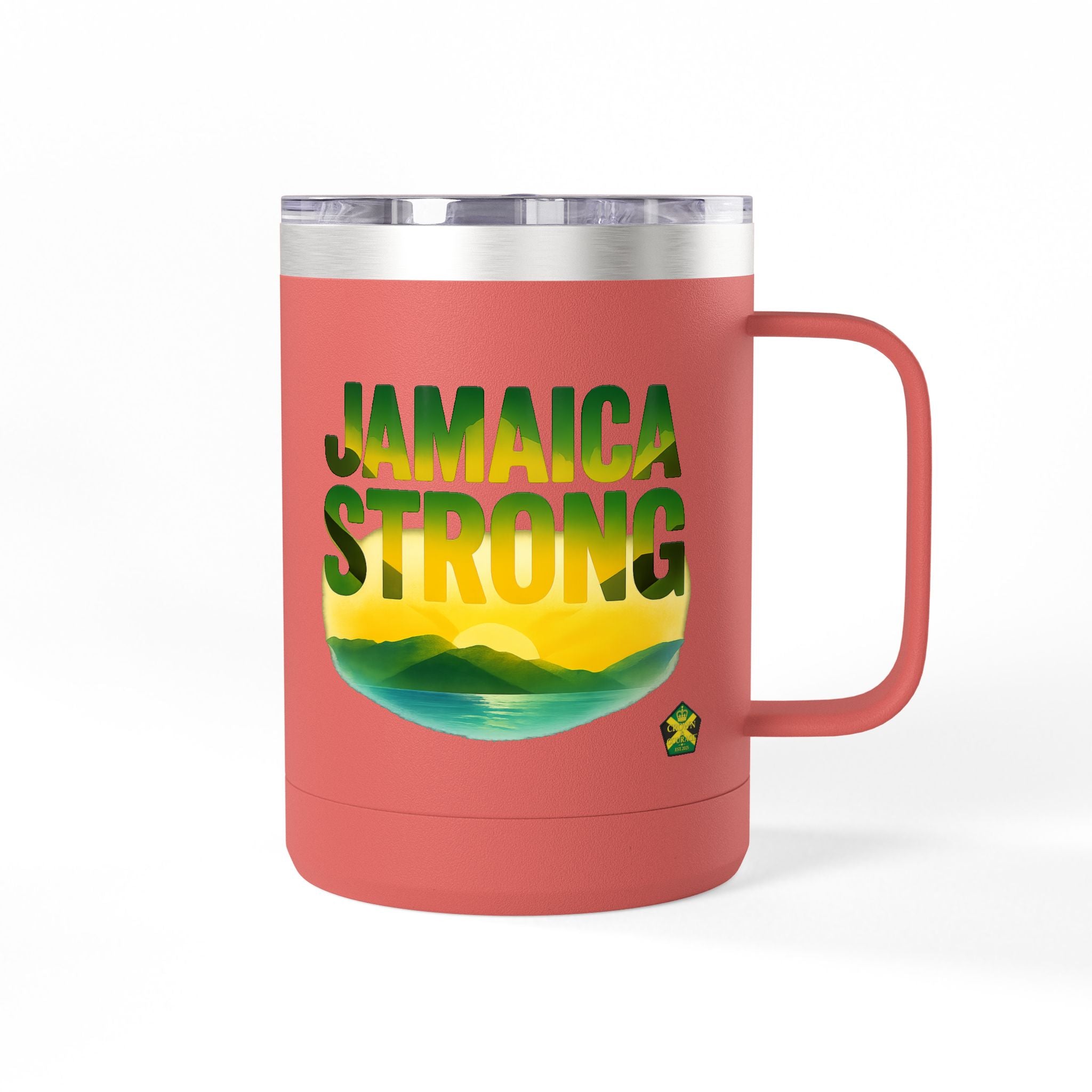 Personalized Straighten Your Crown – Jamaica Strong Travel Mug 15oz,( RIGHT HAND) - Insulated Coffee Tumbler with Jamaican Flag Colors