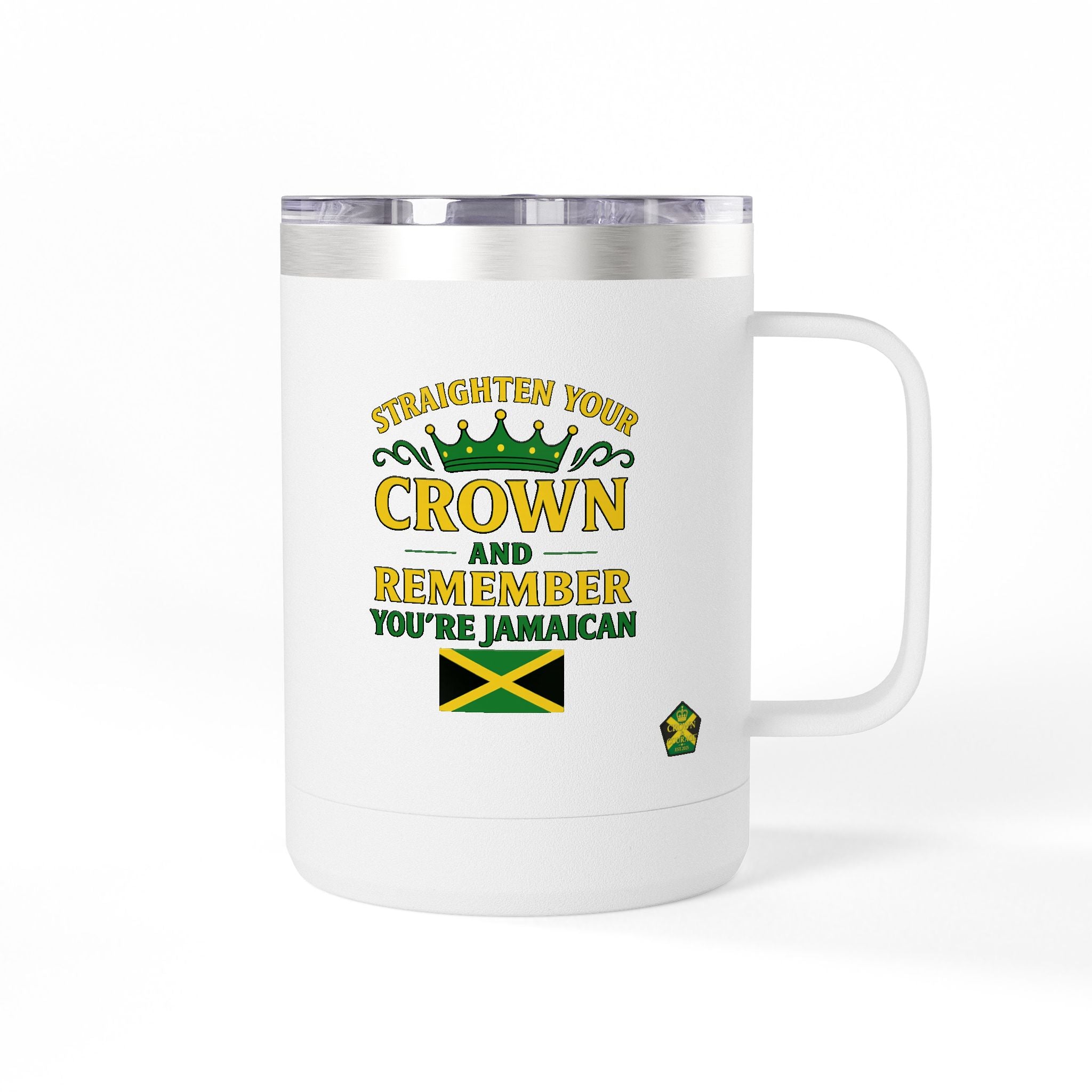Personalized Straighten Your Crown – Jamaica Strong Travel Mug (15oz, Left hand) - Insulated Coffee Tumbler