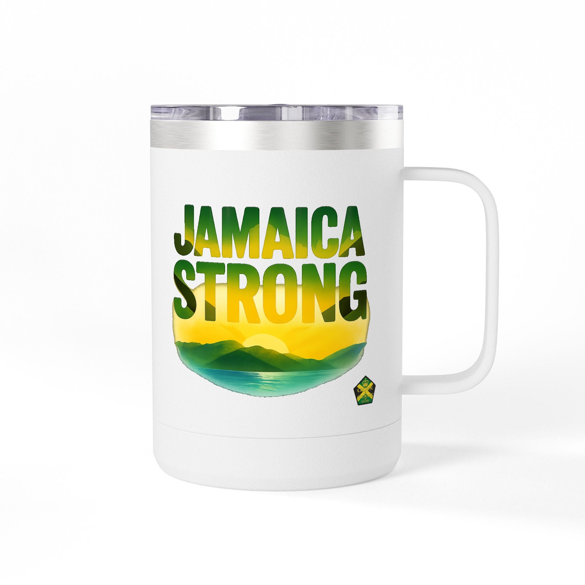 Personalized Straighten Your Crown – Jamaica Strong Travel Mug 15oz,( RIGHT HAND) - Insulated Coffee Tumbler with Jamaican Flag Colors