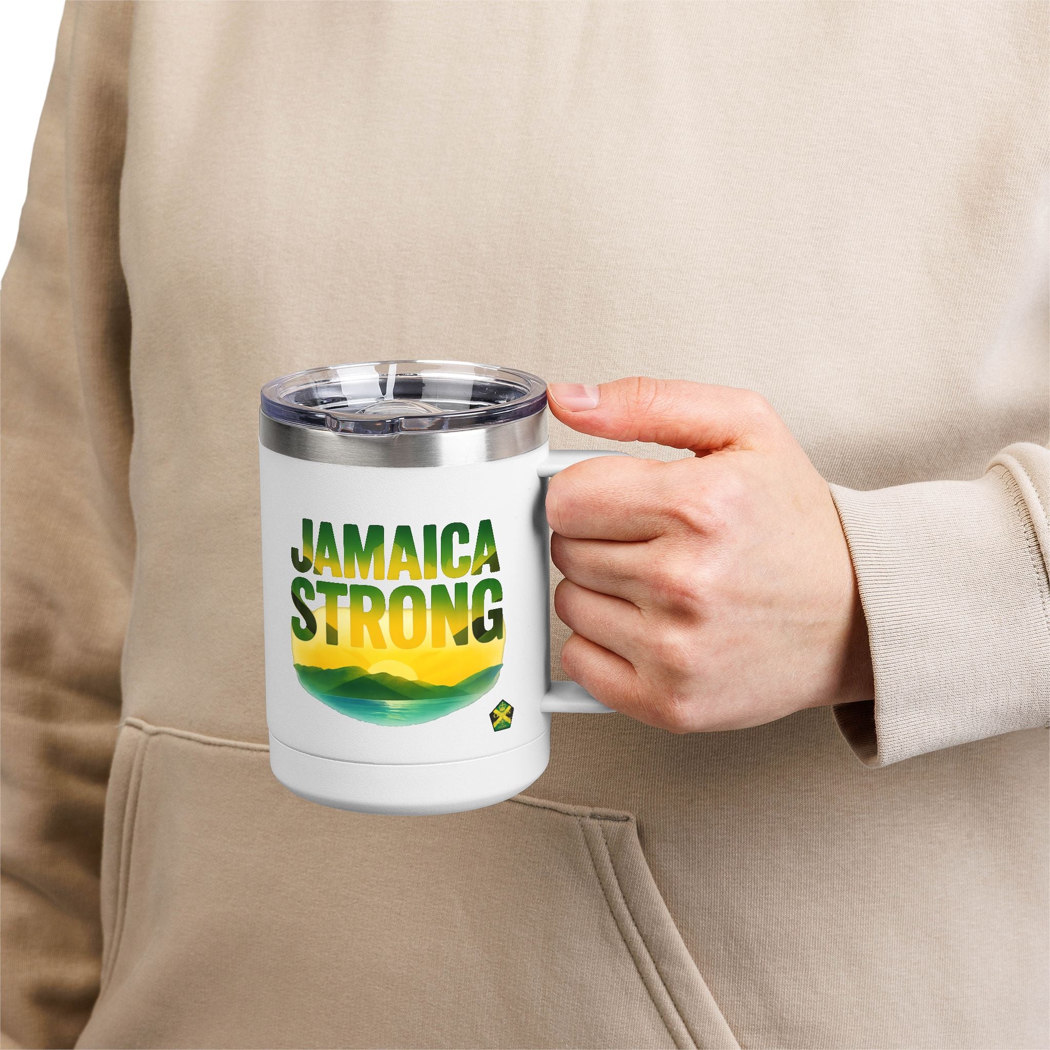 Personalized Straighten Your Crown – Jamaica Strong Travel Mug 15oz,( RIGHT HAND) - Insulated Coffee Tumbler with Jamaican Flag Colors