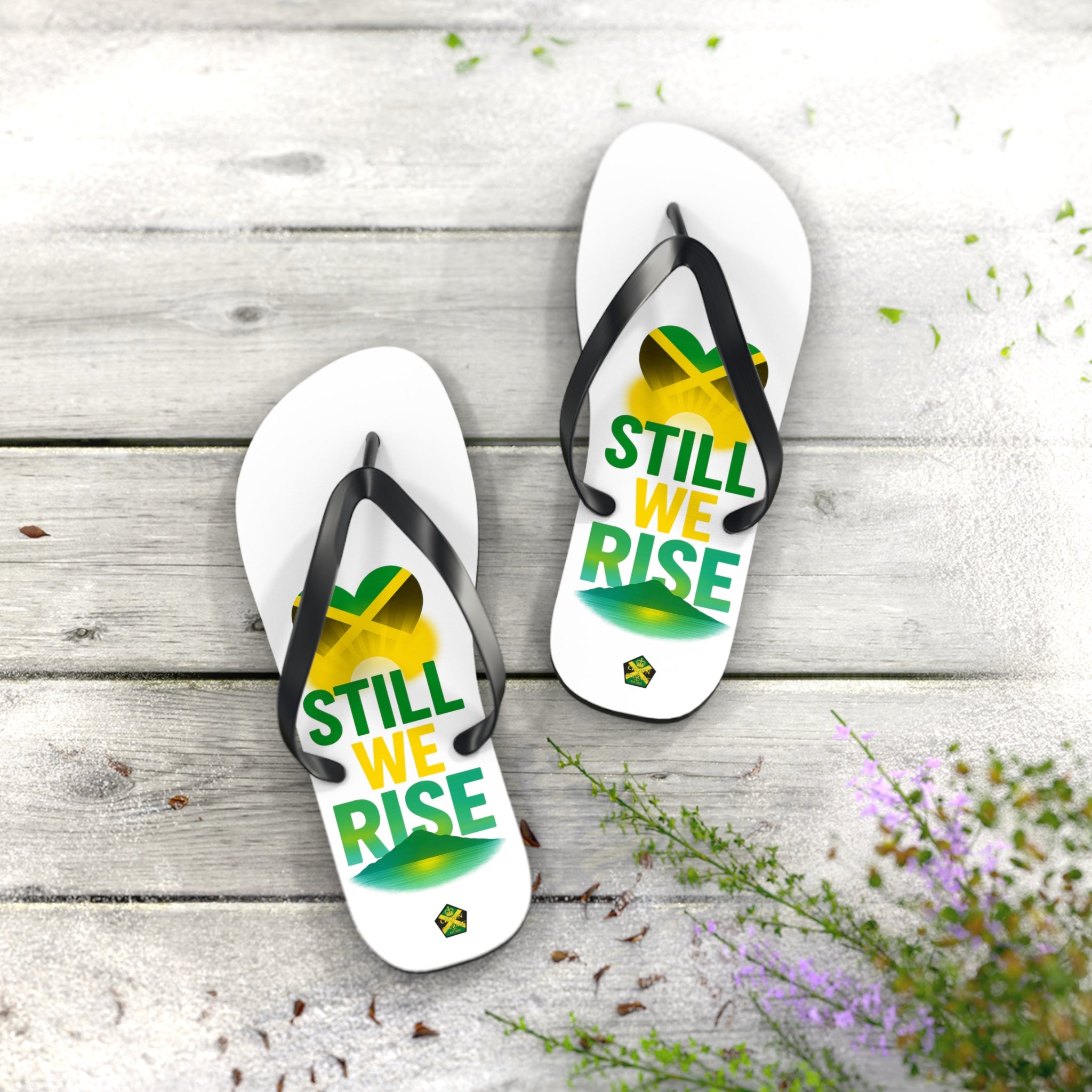 Still We Rise Jamaica flip flops Large | Love Jamaica heart, Jamaican flag sandals