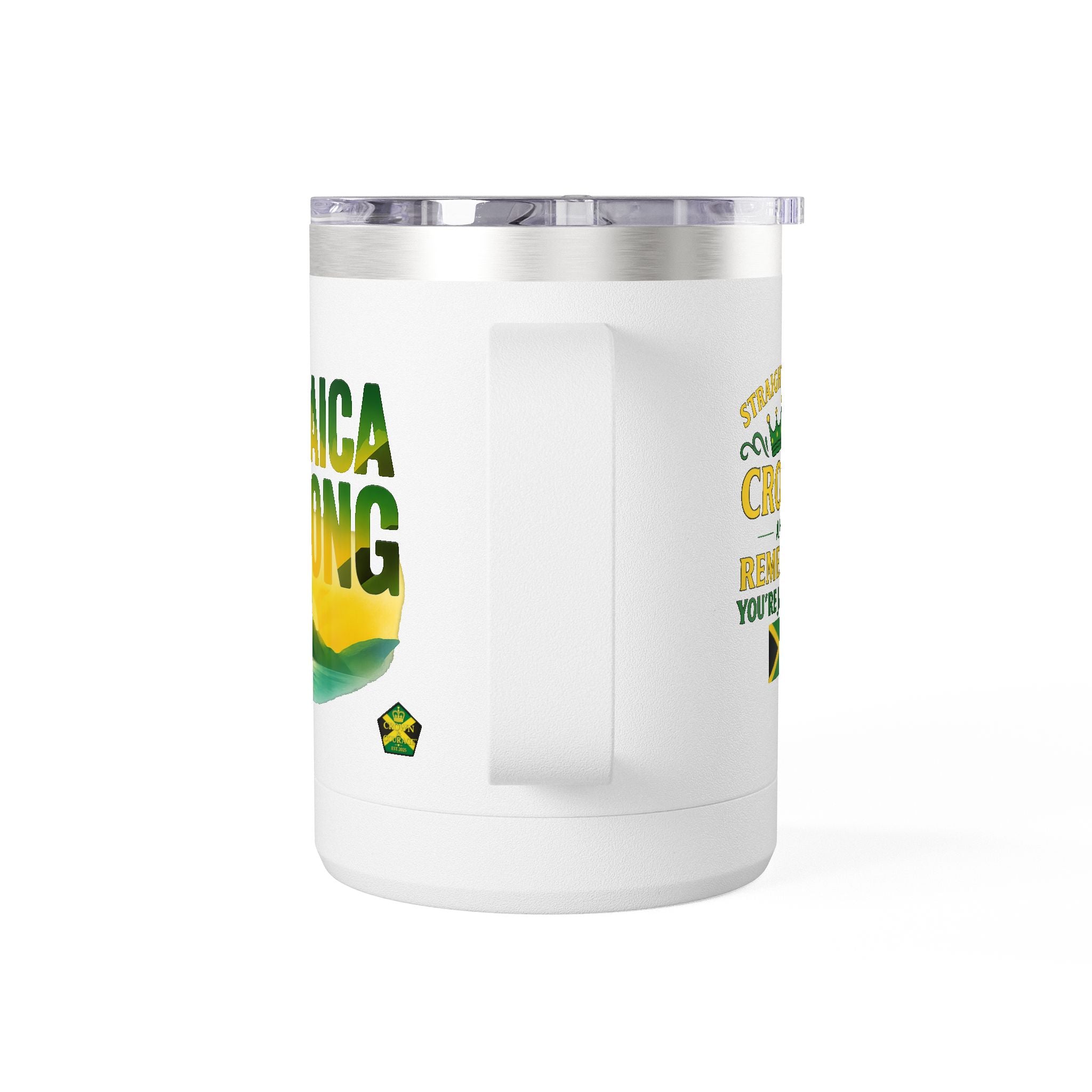 Personalized Straighten Your Crown – Jamaica Strong Travel Mug 15oz,( RIGHT HAND) - Insulated Coffee Tumbler with Jamaican Flag Colors